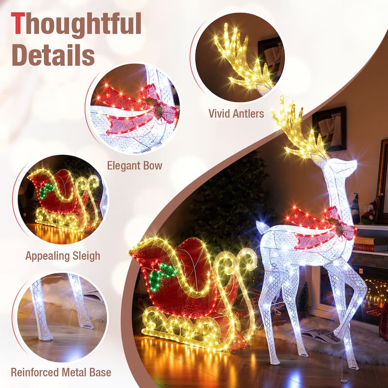 Gymax Lighted Christmas Reindeer & Sleigh Set Light-up Xmas - Multi - See Details