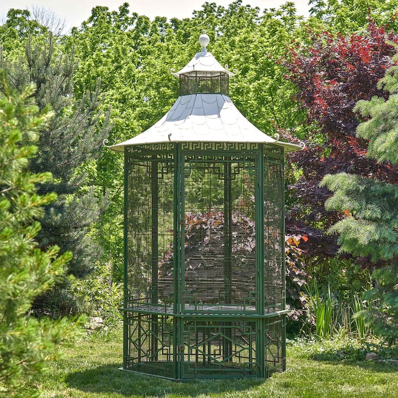 10 Foot Tall Asian-Inspired Iron Garden House Gazebo - 74.8" L x 74.8" W x 120.87" H - Green