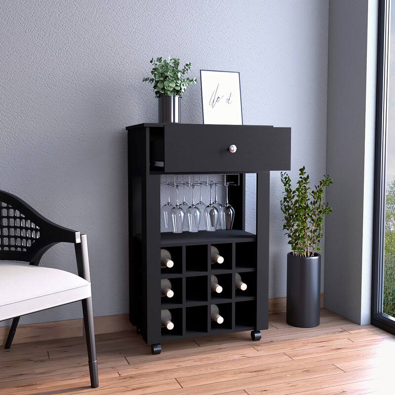 Memphis Bar Cart, Twelve Built-in Wine Rack, Four Legs, One Open Shelf -Black