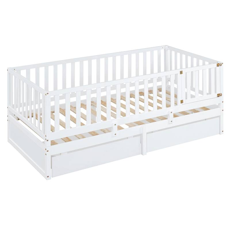 Twin Size Wood Daybed with Fence Guardrails and 2 Drawers, Split into Independent Floor Bed & Daybed