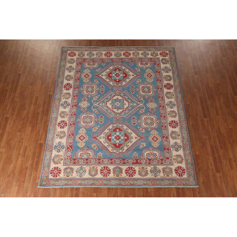 Blue Geometric Kazak Area Rug Handmade Wool Carpet - 8'0" x 9'10"