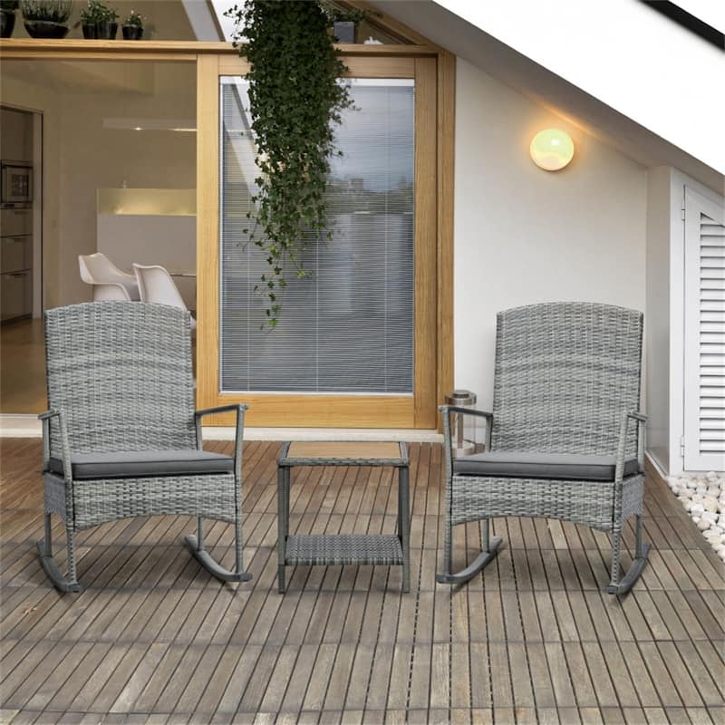 Grey-Brown-Cream Outdoor Rocking Bistro Chair Set with PE Rattan and Glass Table - 26.5" W x 31.5" D x 38.5" H