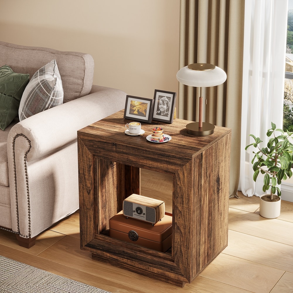 Wood End Table with Storage, Walnut Nightstands for Living Room, Bedroom
