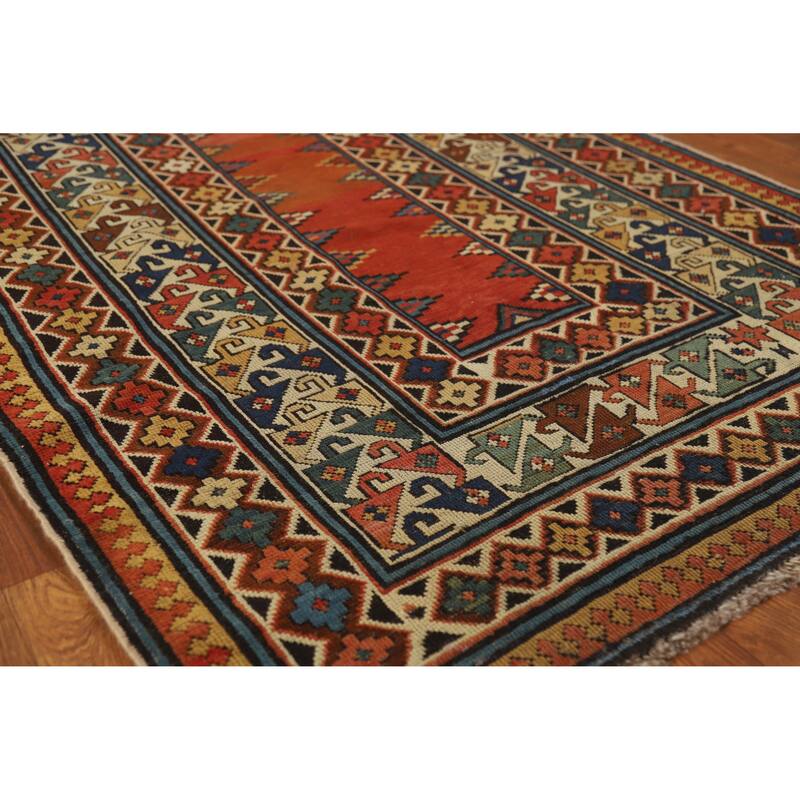 Hand Knotted Oriental 100% Wool Carpet Traditional Geometric Oranges & Rust Kazak Area Rug - 8' 4'' X 3' 6''