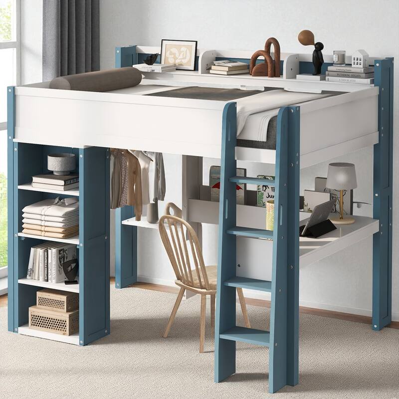 Full Size Wood Loft Bed with Desk, Wardrobe Storage, Shelves & Clothes Rail, 500 lb Bed Capacity, 77.8 x 70.1 x 75.6 in