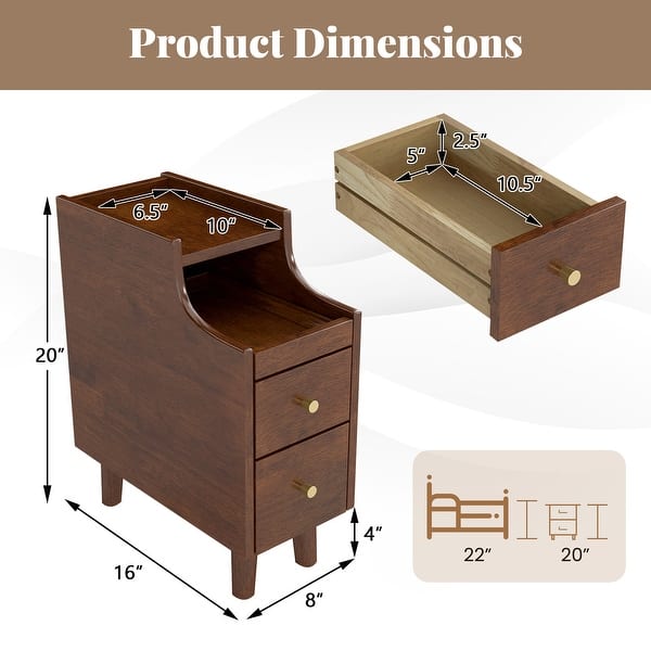 Gymax Solid Wood End Table w/ Pull-out Tray & 2 Storage Drawers Cable