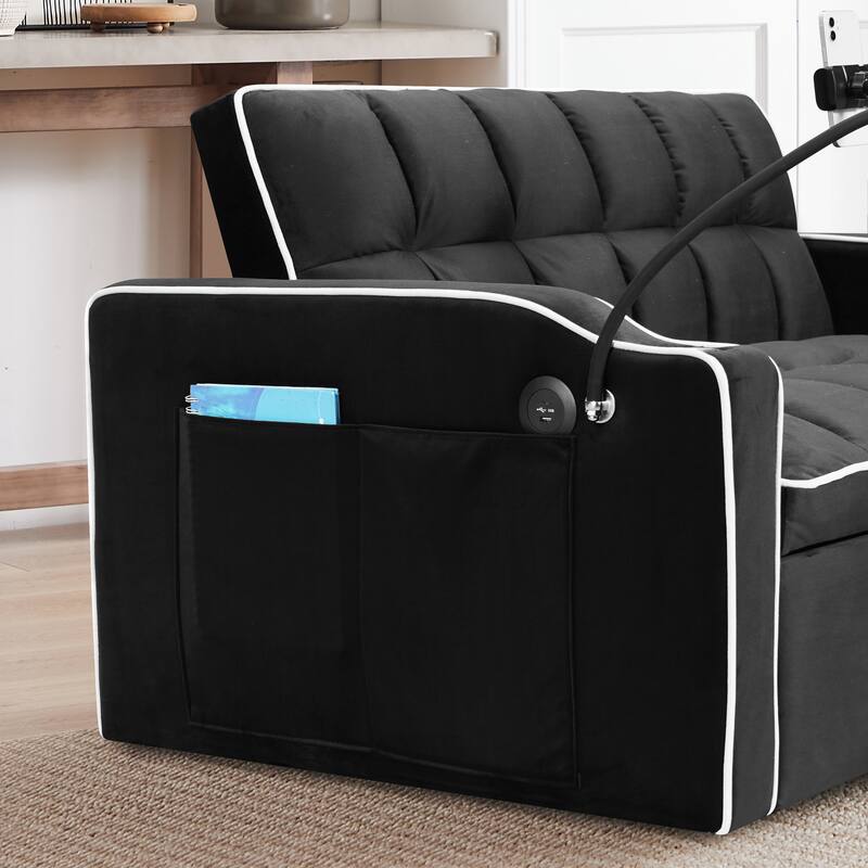 3-in-1 Velvet Convertible Sleeper Sofa Bed, 2-Seat Futon Sofa Bed with USB Port, Adjustable Back, Ashtray & Swivel Phone Stand聽