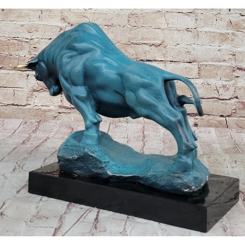 Charging Bull Hot Cast Bronze Figure W/ Blue Green Patina On Marble Base By Milo