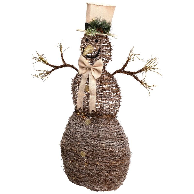 LED Lighted Rustic Rattan Snowman Outdoor Christmas Decoration - 48" - Warm White - Brown