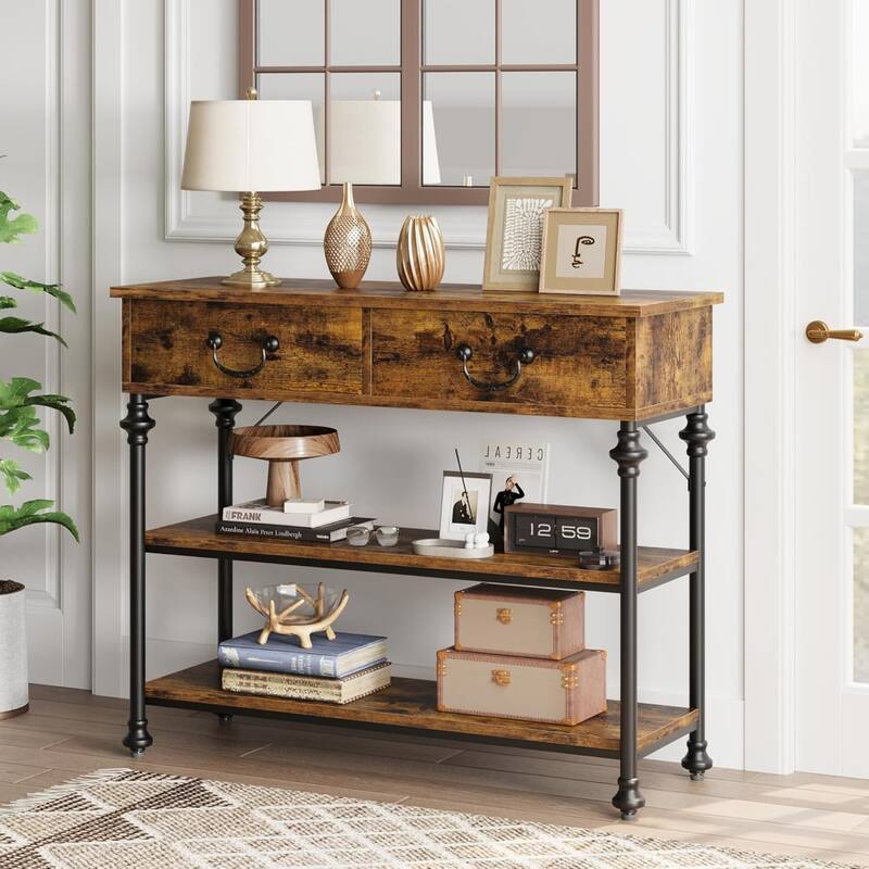 IDEALHOUSE Console Tables with 2 Drawers, Storage Shelves - Brown