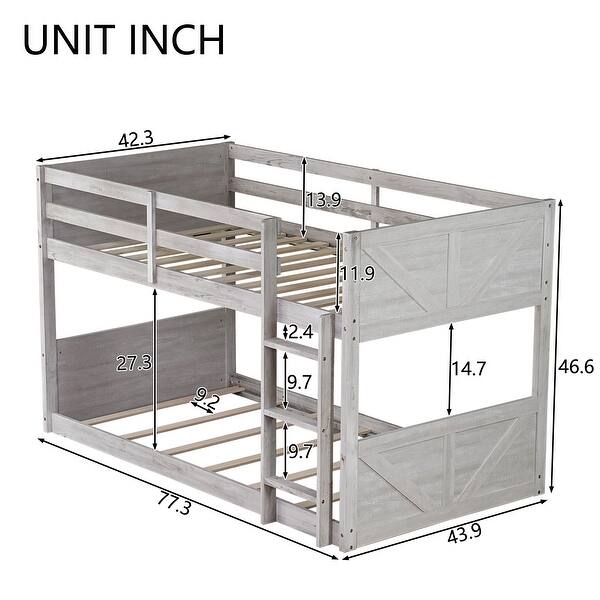 dimension image slide 0 of 2, Low Twin Over Twin Size Bed Floor Bunk Bed with Panelled Headboard Footboard, Ladder and Guardrails, Solid Rubber Wood Frame