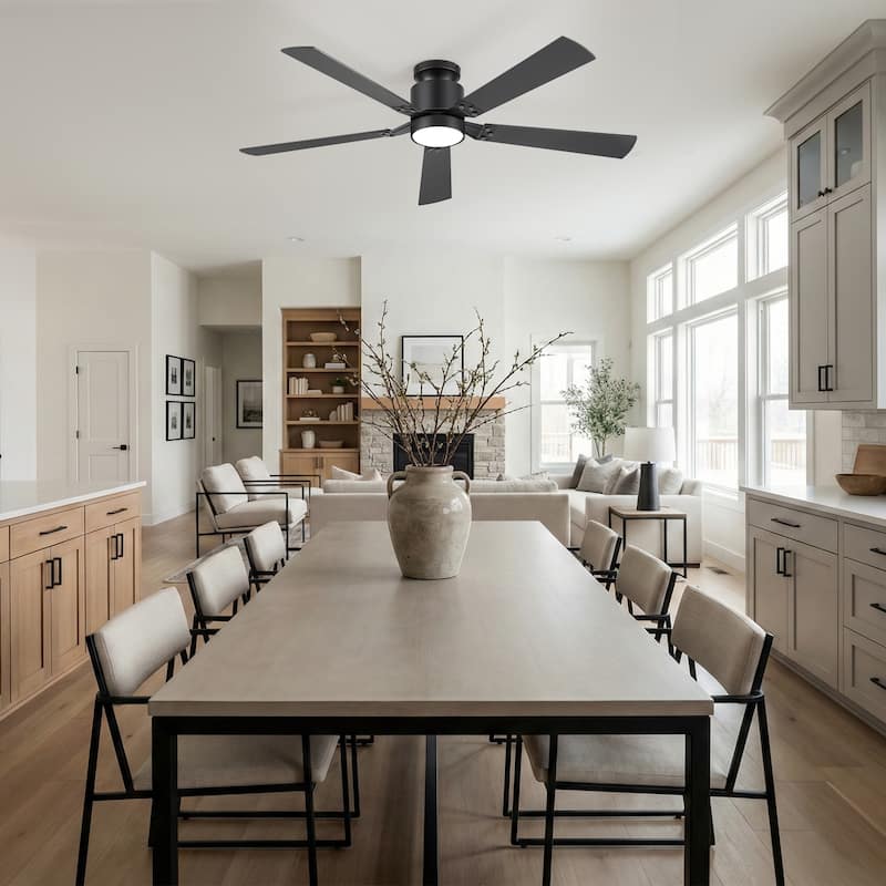 52-Inch Matte Black Flush Mount Ceiling Fan with RGB LED Light and Remote