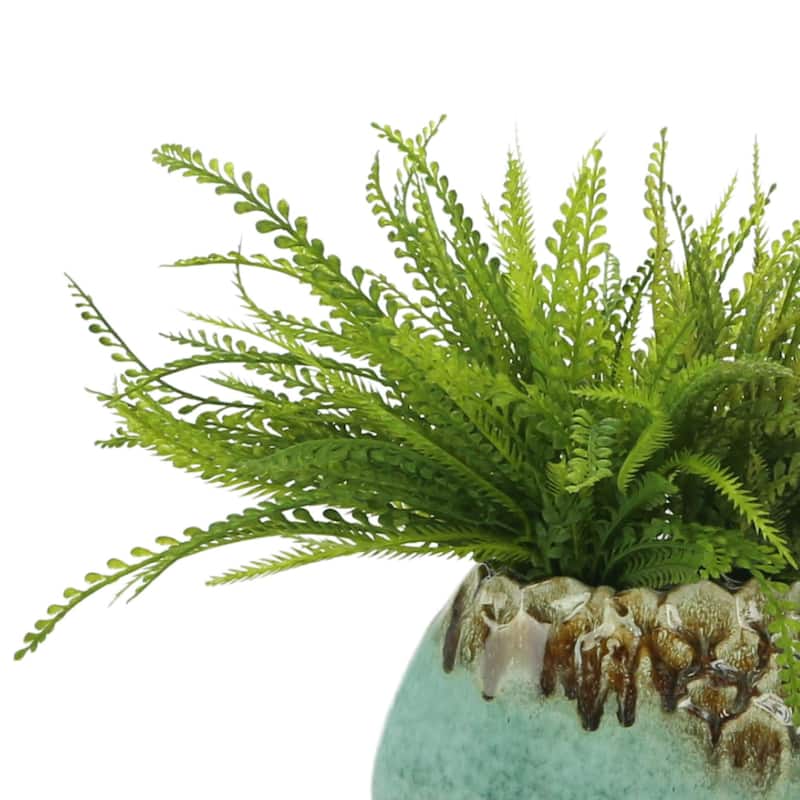 Green Leaf Bush in Teal Ceramic Pot
