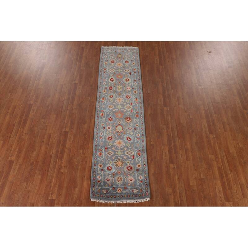 All-Over Floral Oushak Indian Runner Rug Handmade Wool Carpet - 2'7"x 9'11"