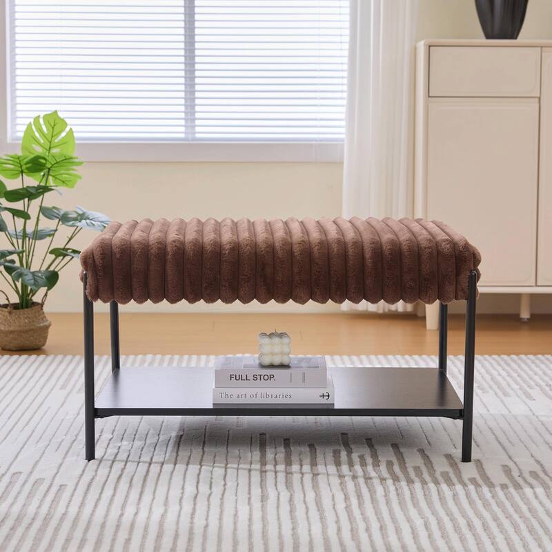 ​Upholstered Storage Ottoman - Open Shelf & Faux Fur Top