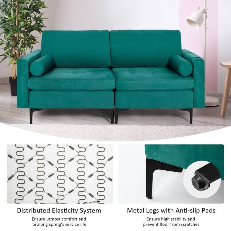 Modern Loveseat Sofa with 2 Bolsters and Side Storage Pocket - 68" x 31" x 31.5" (L x W x H)
