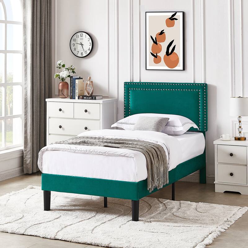 Upholstered Platform Bed Frame with Adjustable Headboard, Velvet Nailhead Trim, No Box Spring Needed