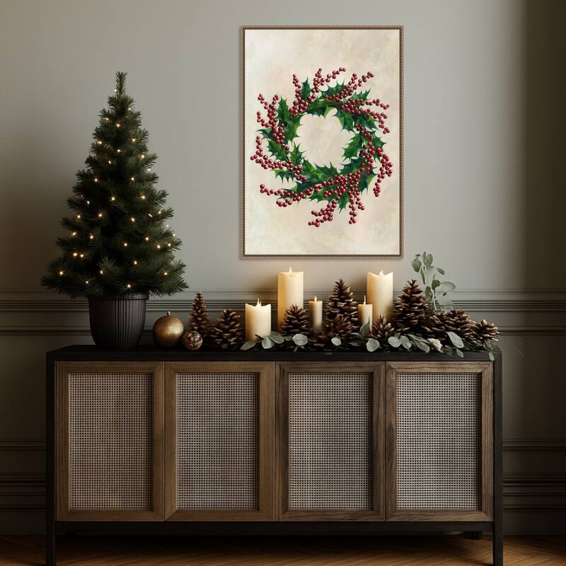 Holly wreath by Rosana Laiz Blursbyai (23 x 33 in.), Framed Canvas Wall Art Print - Sylvie Beaded Dark Gold