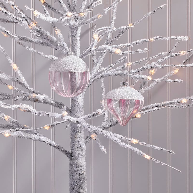 4" Glass With Ice Stripe Ball And Onion Ornament Set of 2