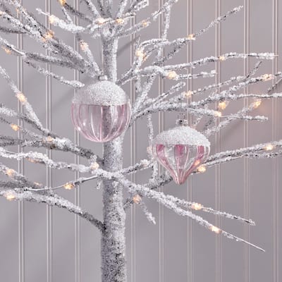 4" Glass With Ice Stripe Ball And Onion Ornament Set of 2