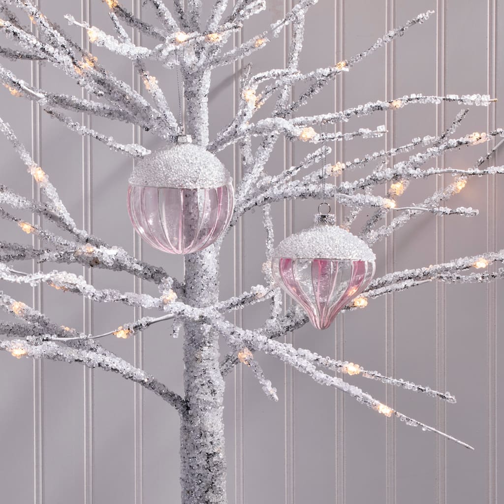 4" Glass With Ice Stripe Ball And Onion Ornament Set of 2