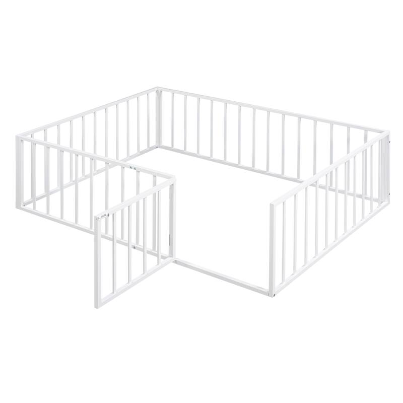 Metal Floor Bed Frame with Fence and Door