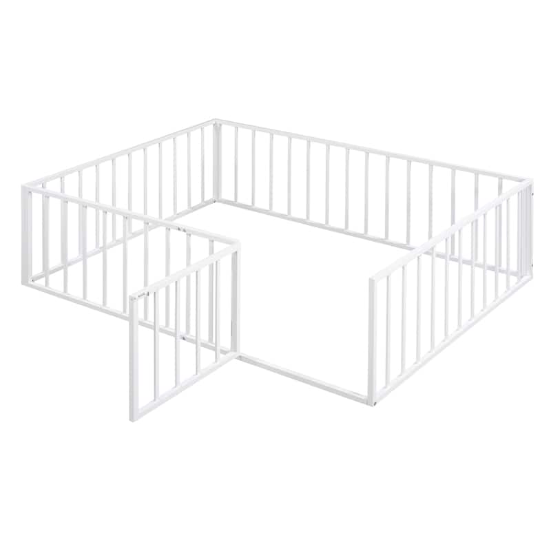 White Full Size Metal Floor Bed Frame with Fence and Door for Kids