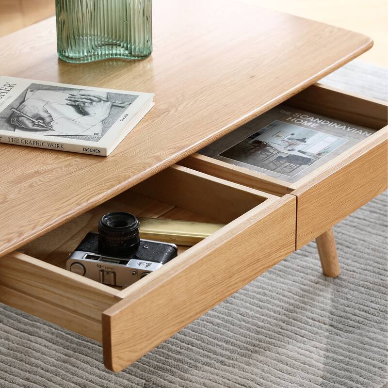 GDFStudio - Lupine Modern FAS-Grade Solid Oak Wood Coffee Table with Storage Drawers & Zhanchen's Varnish Finish - 47.24"L