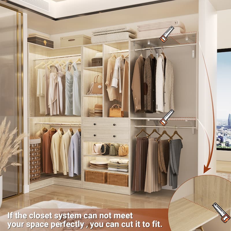 Rackcog Freestanding Corner Closet System Set, Closet Organizer with Hanging Rods and Drawers