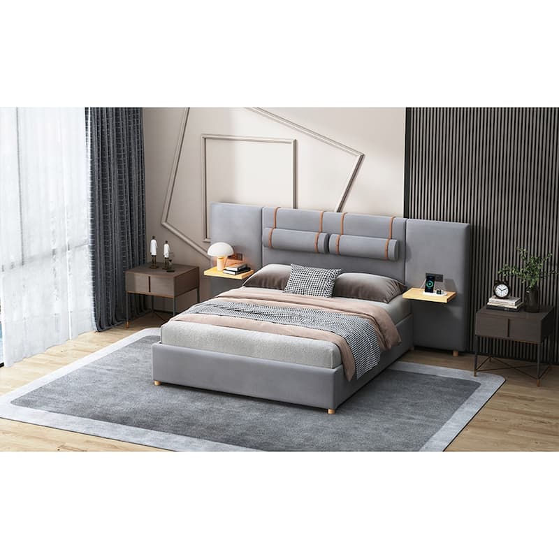 Queen Upholstered Platform Bed with Two Outlets and USB Charging Ports on Both Sides