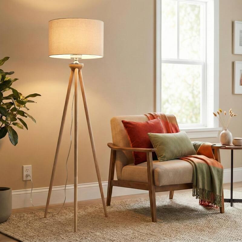 Mary Natural Wood Tripod Floor Lamp with Linen Shade - Walnut