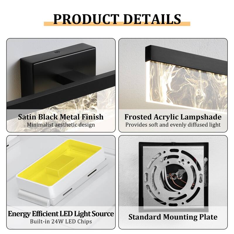 LED Bathroom Vanity Light 24/32/39 inch Dimmable Metal Wall Sconce - Black/Warm White Light