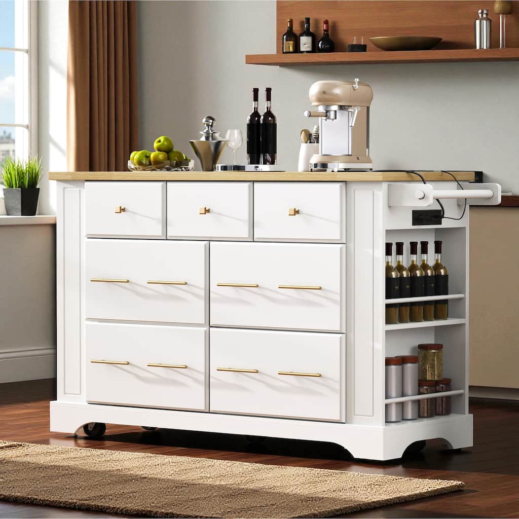 51" Kitchen Island with 6 Drawers, Drop Leaf, Power Outlet, Pull-Out Trash Can Storage, and 5 Open Side Racks on Wheels
