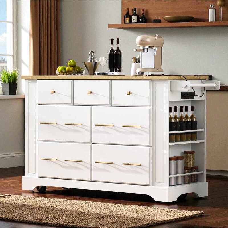 51" Kitchen Island with 6 Drawers, Drop Leaf, Power Outlet, Pull-Out Trash Can Storage, and 5 Open Side Racks on Wheels - White