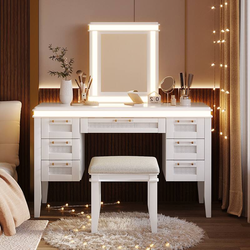 48" Makeup Vanity Desk with Mirror & Lights - 7 Drawers, Cushioned Stool - White