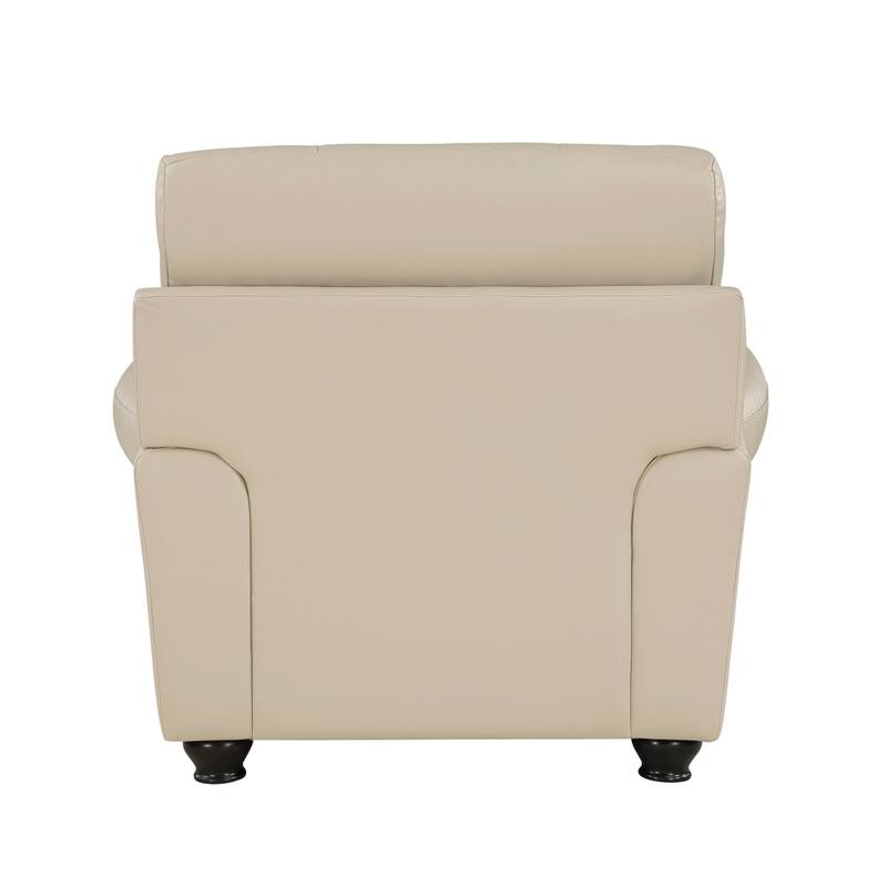 Kia 37 Inch Accent Chair, Cream Top Grain and Faux Leather, Brown Wood