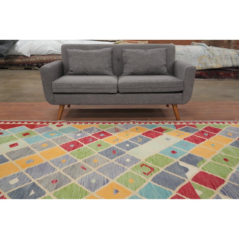 Hand Woven Oriental 100% Wool Carpet Southwestern All-Over Multi-Colored Kilim Area Rug - 9' 11'' X 6' 7''