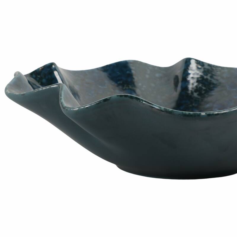 Decorative Round Wavy Edge Glazed Pottery Bowl - 16", Blue - 15.5"