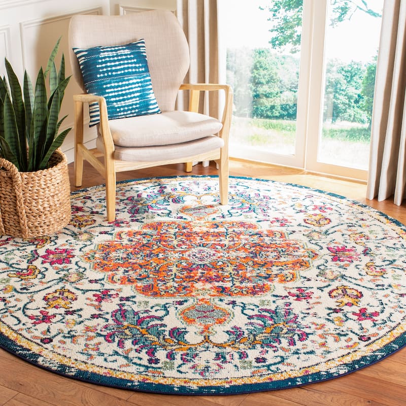 SAFAVIEH Madison Sabire Boho Medallion Distressed Rug - 8' x 8' Round - Ivory/Orange