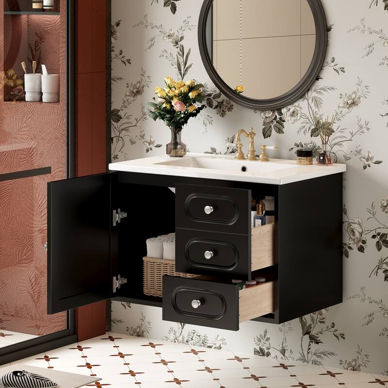 30'' Floating Bathroom Vanity with White Integrated Ceramic Sink - 30'' x 18.5'' x 20.2''
