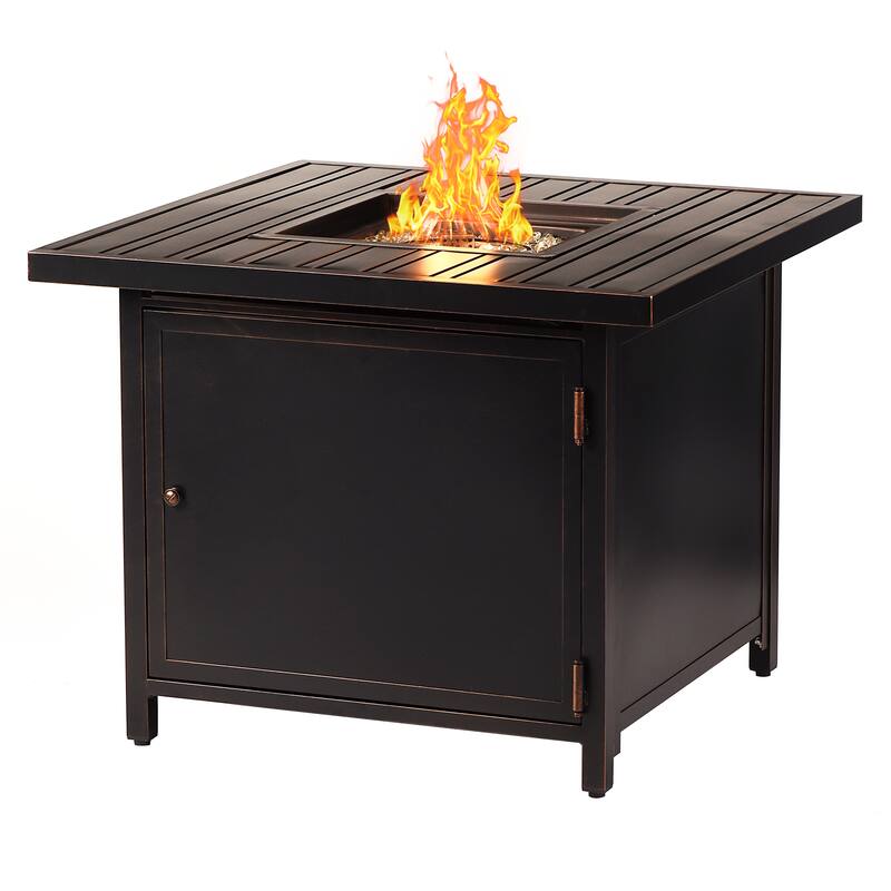 Square 32 in. x 32 in. Aluminum Propane Fire Pit Table with Glass Beads, Two Covers, Lid, 37,000 BTUs - N/A