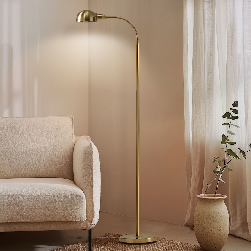Brightech Regent 68 in. Antique Brass Industrial Height Adjustable Gooseneck LED Floor Lamp with Brass Metal Bowl Shade