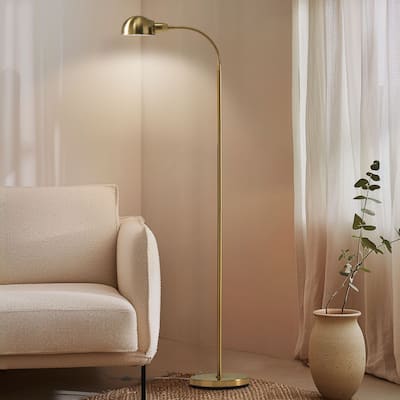 Brightech Regent 68 in. Antique Brass Industrial Height Adjustable Gooseneck LED Floor Lamp with Brass Metal Bowl Shade