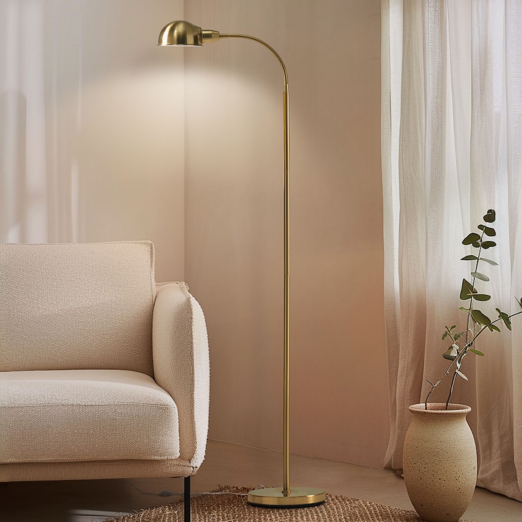 Brightech Regent 68 in. Antique Brass Industrial Height Adjustable Gooseneck LED Floor Lamp with Brass Metal Bowl Shade