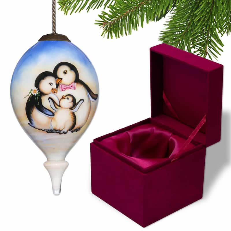 Family of Penguins Hand Painted Mouth Blown Glass Ornament - 4.75" x 2.5" x 2.5"