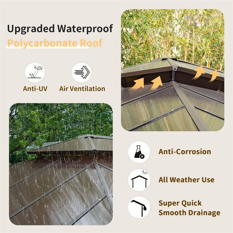 12x16ft Hardtop Outdoor Gazebo with Polycarbonate Double Roof, Aluminum Pavilion with Curtain and Net for Garden, Patio