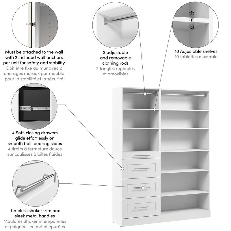 Bestar Florence 61W x 16D Closet System with Drawers, Shaker