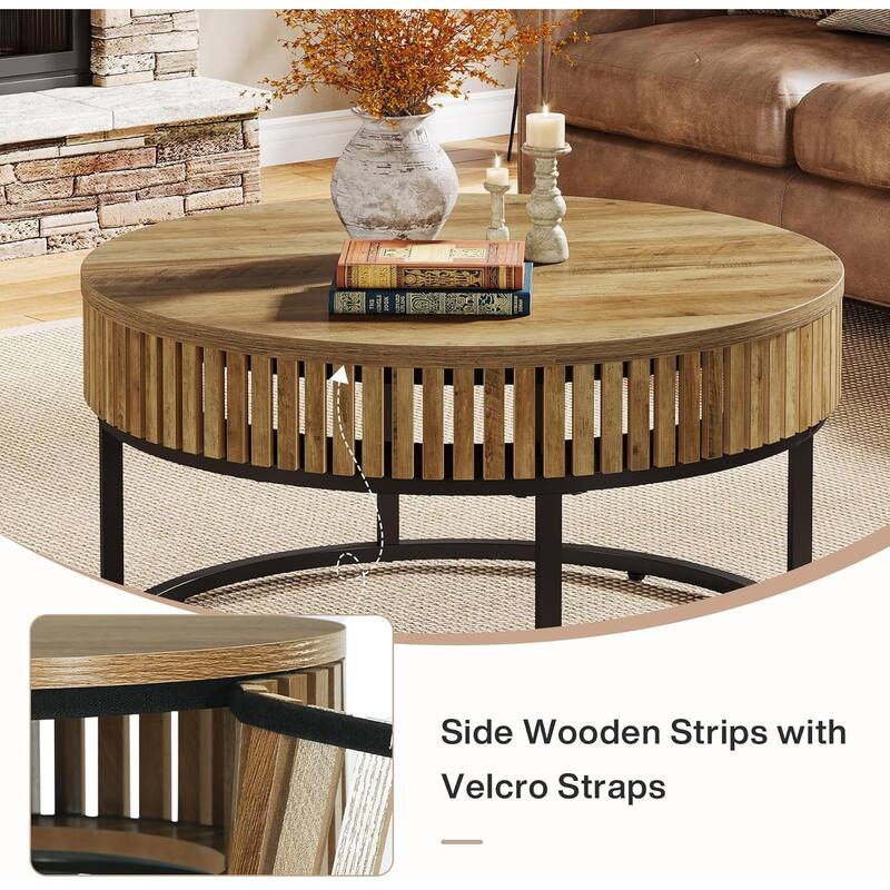 31.5-Inch Brown MDF Coffee Table, Round Industrial Center Table