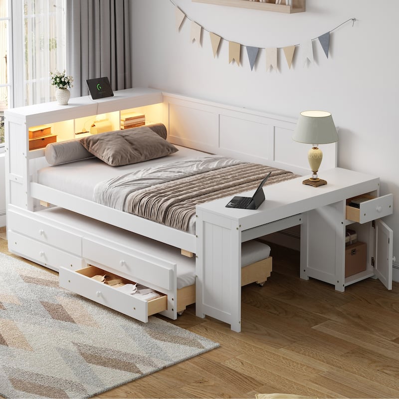 Full Size Daybed with Trundle, Drawers, LED Shelves and Charging Station by Harper&Bright Designs