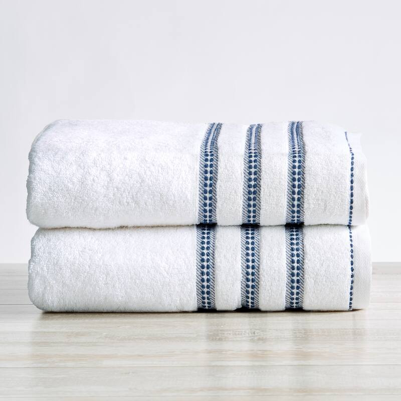 Luxurious Cotton Decorative Floral Towel Set - Bath Towel (2-Pack) - White / Blue